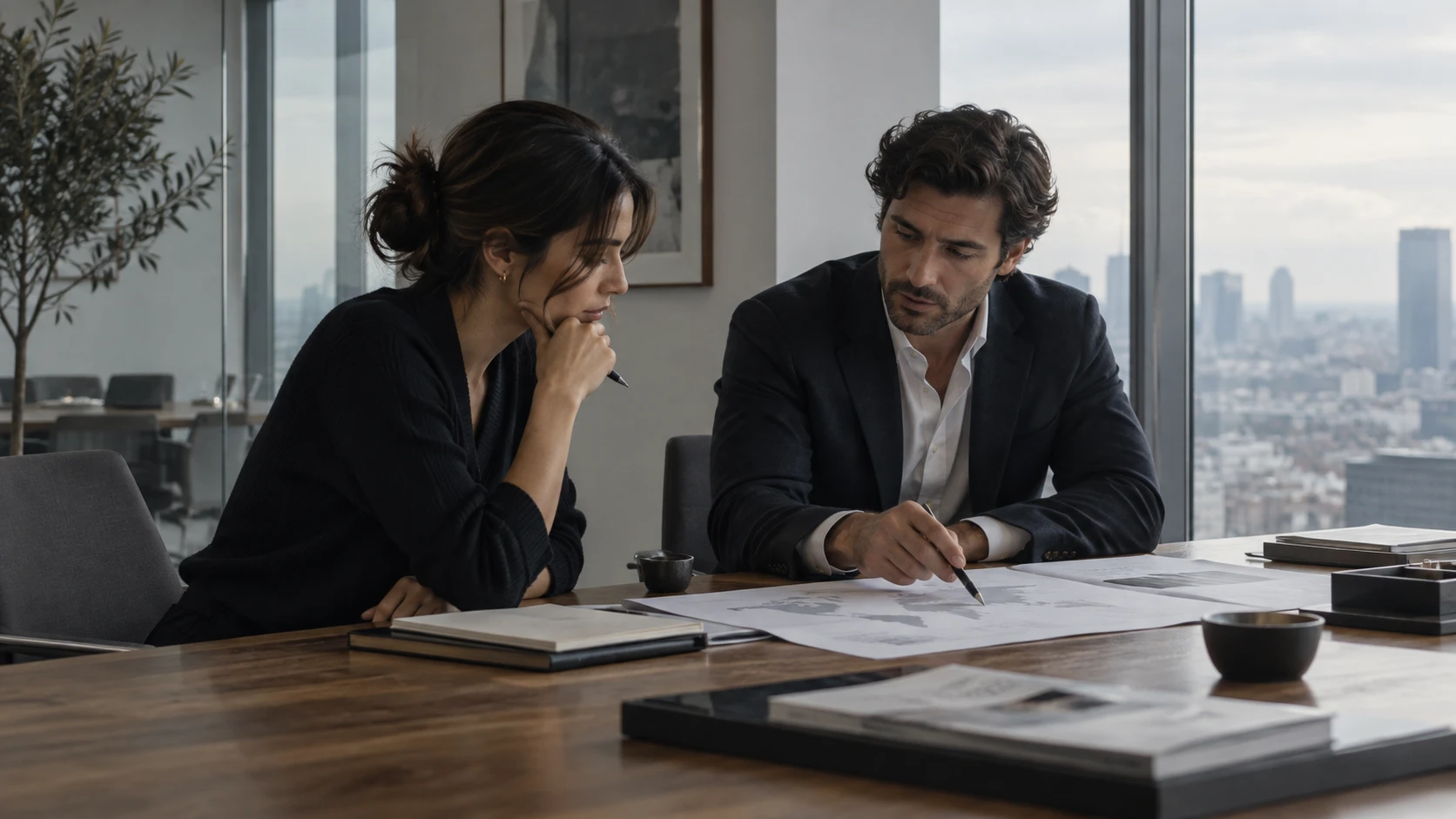 Two colleagues at a table studying a printed market map together, one pointing with a pen, a city visible through the window behind them