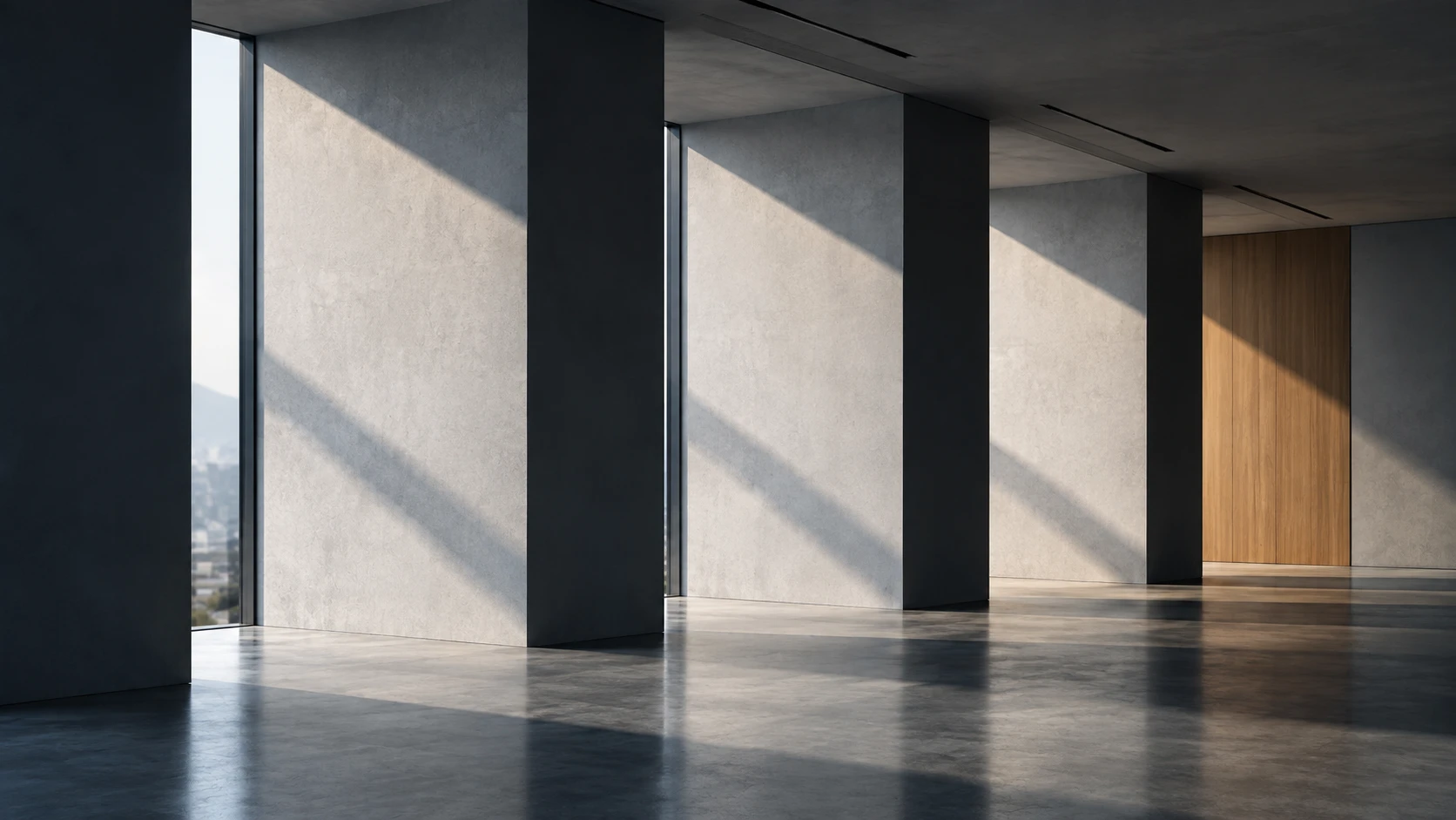 Four repeating bays of daylight falling across a quiet concrete interior, ending at a timber door